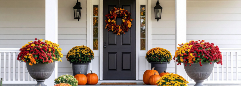 Front door of house with fall decorations and flowers