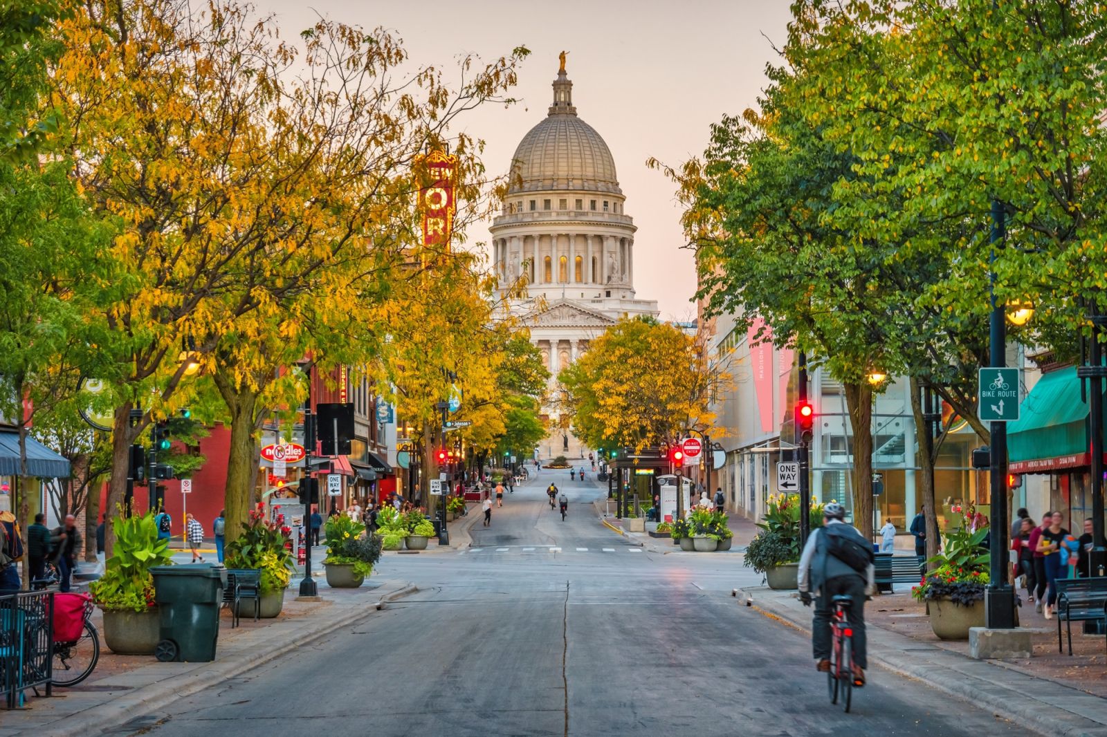 View of fall street in front of the Capital of Madison, Wisconsin from Getty