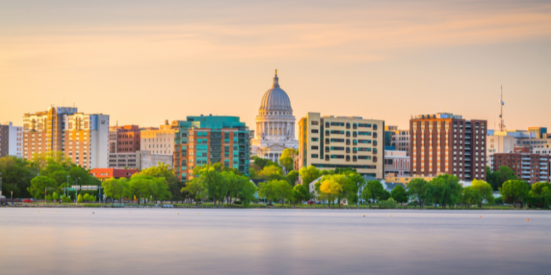 Skyline view of the water and downtown buildings of Madison, Wisconsin