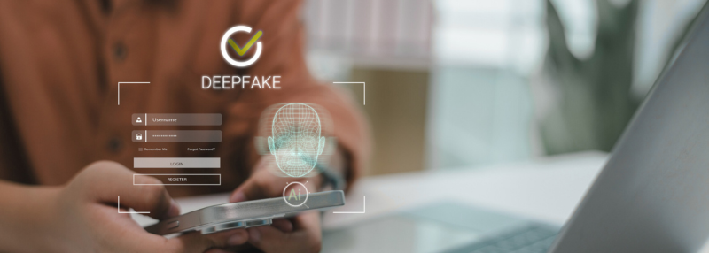 Person on secure login screen with facial recognition emphasizing AI deepfake 